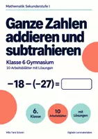 Vorschau - Arbeitsblätter - Ganze Zahlen addieren und subtrahieren Klasse 6 Gymnasium | Mathematik Sekundarstufe I | 10 Arbeitsblätter mit Lösungen als PDF - Deckblatt