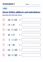Vorschau - Arbeitsblätter - Ganze Zahlen addieren und subtrahieren Klasse 6 Gymnasium | Mathematik Sekundarstufe I | 10 Arbeitsblätter mit Lösungen als PDF - Seite 1