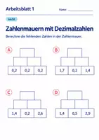 Vorschau - Arbeitsblätter - Zahlenmauern mit Dezimalzahlen Klasse 6 Gymnasium | Mathematik Sekundarstufe I | 10 Arbeitsblätter mit Lösungen als PDF - Seite 1