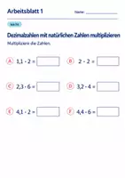 Vorschau - Arbeitsblätter - Dezimalzahlen mit natürlichen Zahlen multiplizieren Klasse 6 Gymnasium | Mathematik Sekundarstufe I | 10 Arbeitsblätter mit Lösungen als PDF - Seite 1