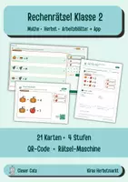 Vorschau - Arbeitsblätter - Rechenrätsel Herbst Klasse 2 – Kiras Herbstmarkt | 21 Knobelkarten mit QR-Code + Tafel-App | Symbolrätsel, Plus & Minus bis 10 - Deckblatt