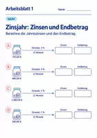 Vorschau - Arbeitsblätter - Zinsjahr: Zinsen und Endbetrag Klasse 6 Gymnasium | Mathematik Sekundarstufe I | 10 Arbeitsblätter mit Lösungen als PDF - Seite 1