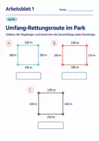 Vorschau - Arbeitsblätter - Umfang-Rettungsroute im Park Klasse 6 Gymnasium | Mathematik Sekundarstufe I | 10 Arbeitsblätter mit Lösungen als PDF - Seite 1