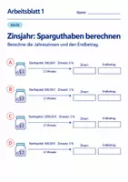 Vorschau - Arbeitsblätter - Zinsjahr: Sparguthaben berechnen Klasse 6 Gymnasium | Mathematik Sekundarstufe I | 10 Arbeitsblätter mit Lösungen als PDF - Seite 1