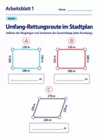 Vorschau - Arbeitsblätter - Umfang-Rettungsroute im Stadtplan Klasse 6 Gymnasium | Mathematik Sekundarstufe I | 10 Arbeitsblätter mit Lösungen als PDF - Seite 1