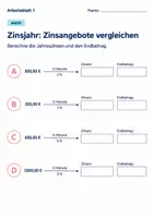 Vorschau - Arbeitsblätter - Zinsjahr: Zinsangebote vergleichen Klasse 6 Gymnasium | Mathematik Sekundarstufe I | 10 Arbeitsblätter mit Lösungen als PDF - Seite 1