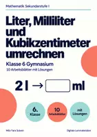 Vorschau - Arbeitsblätter - Liter, Milliliter und Kubikzentimeter umrechnen Klasse 6 Gymnasium | Mathematik Sekundarstufe I | 10 Arbeitsblätter mit Lösungen als PDF - Deckblatt