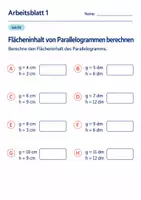 Vorschau - Arbeitsblätter - Flächeninhalt von Parallelogrammen berechnen Klasse 6 Gymnasium | Mathematik Sekundarstufe I | 10 Arbeitsblätter mit Lösungen als PDF - Seite 1