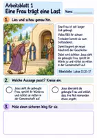 Vorschau - Arbeitsblätter - Jesus richtet eine Frau auf | Religion Klasse 2 Arbeitsblätter | Evangelische Religionslehre | 10 Arbeitsblätter als PDF - Seite 1