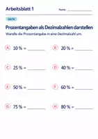 Vorschau - Arbeitsblätter - Prozentangaben als Dezimalzahlen darstellen Klasse 6 Gymnasium | Mathematik Sekundarstufe I | 10 Arbeitsblätter mit Lösungen als PDF - Seite 1