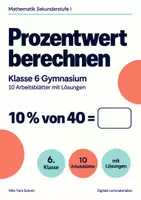 Vorschau - Arbeitsblätter - Prozentwert berechnen Klasse 6 Gymnasium | Mathematik Sekundarstufe I | 10 Arbeitsblätter mit Lösungen als PDF - Deckblatt