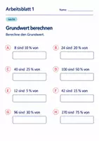 Vorschau - Arbeitsblätter - Grundwert berechnen Klasse 6 Gymnasium | Mathematik Sekundarstufe I | 10 Arbeitsblätter mit Lösungen als PDF - Seite 1