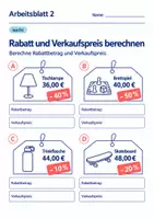 Vorschau - Arbeitsblätter - Rabatt und Verkaufspreis berechnen Klasse 6 Gymnasium | Mathematik Sekundarstufe I | 10 Arbeitsblätter mit Lösungen als PDF - Seite 2