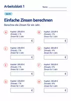 Vorschau - Arbeitsblätter - Einfache Zinsen berechnen Klasse 6 Gymnasium | Mathematik Sekundarstufe I | 10 Arbeitsblätter mit Lösungen als PDF - Seite 1