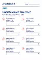 Vorschau - Arbeitsblätter - Einfache Zinsen berechnen Klasse 6 Gymnasium | Mathematik Sekundarstufe I | 10 Arbeitsblätter mit Lösungen als PDF - Seite 3