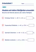 Vorschau - Arbeitsblätter - Absolute und relative Häufigkeiten umwandeln Klasse 6 Gymnasium | Mathematik Sekundarstufe I | 10 Arbeitsblätter mit Lösungen als PDF - Seite 1