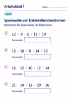 Vorschau - Arbeitsblätter - Spannweite von Datenreihen bestimmen Klasse 6 Gymnasium | Mathematik Sekundarstufe I | 10 Arbeitsblätter mit Lösungen als PDF - Seite 1