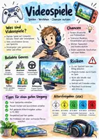 Vorschau - Arbeitsblätter - Lernplakat + Arbeitsblätter zum Thema "Videospiele" + Lösung & MP3 + Mindmap + Infografik - Deckblatt
