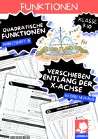 Vorschau - Arbeitsblätter - Parabel verschieben x-Achse Klasse 9–10 | y = (x − d)² | Arbeitsblätter mit Lösungen, 3 Niveaus - Deckblatt