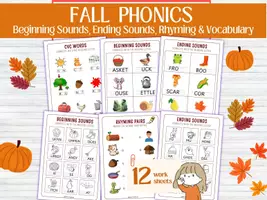 anteprima - Esercizi - Fall Phonics & Literacy Worksheets | CVC, Beginning & Ending Sounds, Autumn Vocabulary - schede inglese autunno - Pagina di copertina