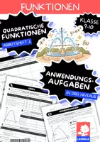 Vorschau - Arbeitsblätter - Quadratische Funktionen Anwendungen Klasse 9–10 | Bremsweg, Wurfbahn, Brücke, Gewinn | Textaufgaben mit Lösungen - Deckblatt