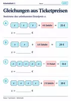 Vorschau - Arbeitsblätter - Gleichungen aus Ticketpreisen - Seite 1