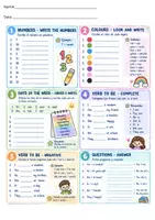 Vista previa - Hojas de trabajo - VERB TO BE, NUMBERS, DAYS, COLORS - EXERCISES - Portada