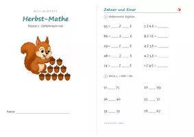 Vorschau - Arbeitsblätter - Miniheft Herbst Mathe Klasse 2 – Zahlenraum 100, Einmaleins 2, 5, 10, Plus und Minus | 20 Seiten A5 - Seite 3