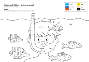 Vorschau - Arbeitsblätter - Malen nach Zahlen - Addition bis 20 - Unterwasserwelt - Seite 1