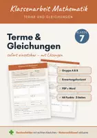 Vorschau - Klassenarbeiten - Klassenarbeit Terme und Gleichungen Klasse 7 – Gruppe A & B mit Lösungen (PDF + Word) - Deckblatt
