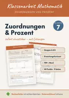 Vorschau - Klassenarbeiten - Klassenarbeit Zuordnungen und Prozent Klasse 7 – Dreisatz, Gruppe A & B mit Lösungen (PDF + Word) - Deckblatt
