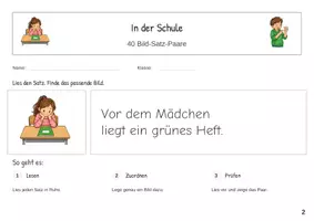 Vorschau - Stationenlernen - In der Schule Erste Sätze lesen Satz Bild Zuordnung - Seite 1