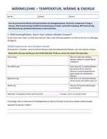 Vorschau - Arbeitsblätter - Arbeitsblatt Wärmelehre Wärme Thermometer Temperatur Wärmeübertragung Wärmeempfinden Ausdehnung Experiment mit Lösungen - Deckblatt
