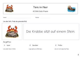 Vorschau - Stationenlernen - Tiere im Meer Erste Sätze lesen Satz Bild Zuordnung - Seite 1
