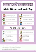 Vorschau - Stationenlernen - Mein Körper und mein Tag Erste Sätze lesen Satz Bild Zuordnung - Deckblatt