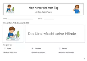 Vorschau - Stationenlernen - Mein Körper und mein Tag Erste Sätze lesen Satz Bild Zuordnung - Seite 1