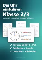 Vorschau - Arbeitsblätter - Uhr lesen Tafelbild & Präsentation Klasse 2/3 – volle, halbe und Viertelstunden, Minuten, 24 Stunden | PowerPoint + PDF, Lernuhr - Deckblatt