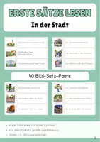 Vorschau - Stationenlernen - In der Stadt Erste Sätze lesen Satz Bild Zuordnung - Deckblatt