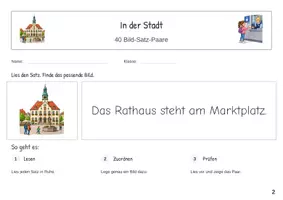 Vorschau - Stationenlernen - In der Stadt Erste Sätze lesen Satz Bild Zuordnung - Seite 1
