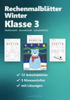 Vorschau - Arbeitsblätter - Rechenmalblätter Winter Klasse 3 – Mathe Einmaleins, Plus und Minus bis 1000 | Pinguin, Eisbär, Schlitten, Schneemann, mit Lösungen - Seite 1