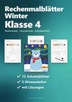 Vorschau - Arbeitsblätter - Rechenmalblätter Winter Klasse 4 – Mathe bis 1 Million, Mal und Geteilt mit Stufenzahlen | Pinguin, Eisbär, Schlitten, Schneemann, mit Lösungen - Seite 1