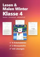 Vorschau - Arbeitsblätter - Lesen und Malen Winter Klasse 4 – Leseförderung Deutsch, lange und knifflige Sätze | Pinguin, Eisbär, Schlitten, Schneemann, mit Lösungen - Seite 1