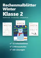 Vorschau - Arbeitsblätter - Rechenmalblätter Winter Klasse 2 – Mathe Plus und Minus bis 100 | Pinguin, Eisbär, Schlitten, Schneemann, mit Lösungen - Deckblatt