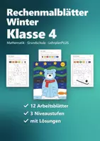 Vorschau - Arbeitsblätter - Rechenmalblätter Winter Klasse 4 – Mathe bis 1 Million, Mal und Geteilt mit Stufenzahlen | Pinguin, Eisbär, Schlitten, Schneemann, mit Lösungen - Deckblatt