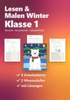 Vorschau - Arbeitsblätter - Lesen und Malen Winter Klasse 1 – Leseförderung Deutsch, kurze Sätze und Sätze mit und | Pinguin, Eisbär, Schlitten, Schneemann, mit Lösungen - Deckblatt