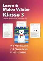 Vorschau - Arbeitsblätter - Lesen und Malen Winter Klasse 3 – Leseförderung Deutsch, Lagewörter, genau lesen | Pinguin, Eisbär, Schlitten, Schneemann, mit Lösungen - Deckblatt