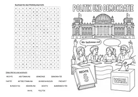 Vorschau - Mal- und Bastelvorlagen - Suchsel Politik & Demokratie – mit Lösung und Ausmalbild | Klasse 5 - Deckblatt