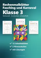 Vorschau - Arbeitsblätter - Fasching Rechenmalblätter Klasse 3 – Mathe Einmaleins, Plus und Minus bis 1000 | Clown, Maske, Krapfen, Luftballons, mit Lösungen - Deckblatt
