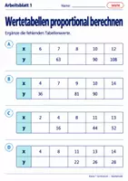 Vorschau - Arbeitsblätter - Wertetabellen proportional berechnen - Seite 1