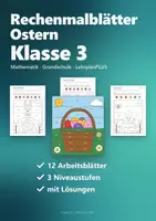 Vorschau - Arbeitsblätter - Ostern Rechenmalblätter Klasse 3 – Mathe Einmaleins, Plus und Minus bis 1000 | Osterhase, Osternest, Küken, Blumen, mit Lösungen - Seite 1